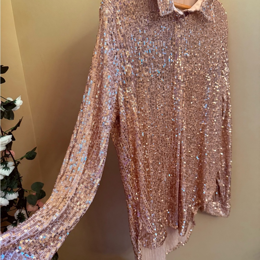 Calvin Klein sparkly button down blouse In Rose gold
